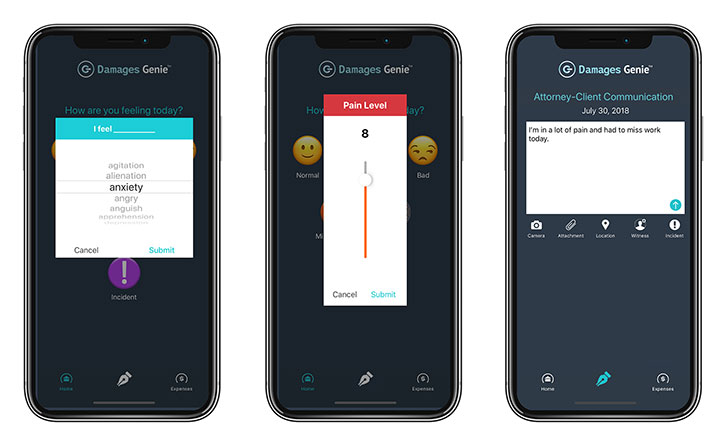 Damages Genie legal app screens