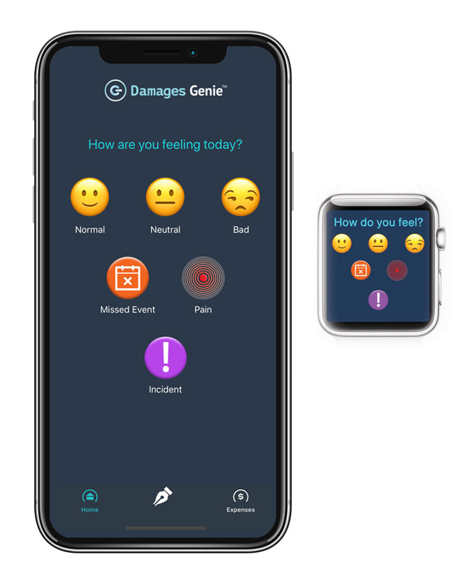 Damages Genie legal app and AppleWatch interface